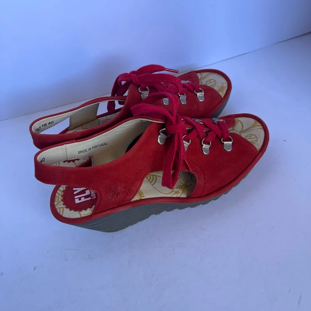 Fly London Red Suede Lace-Up‎ Wedge Sandals